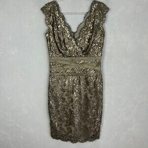 Tadashi Shoji size 12 bodycon dress embellished metallic lace gold midi v-neck